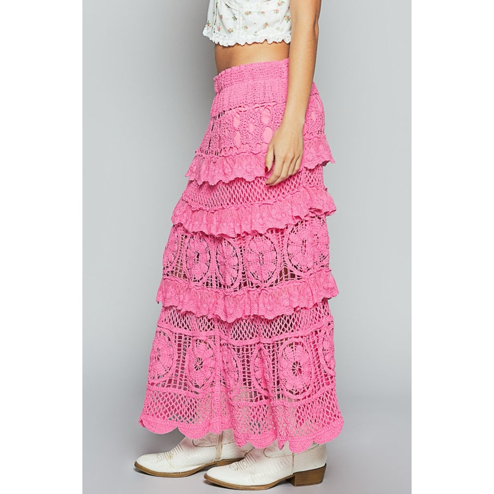 POL Bubblegum Pink Tiered Ruffled Flowy Crochet Maxi Skirt - Picture 7 of 9
